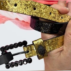 Kurt Geiger belt metallic gold black rhinestone buckle eagle $88 Saints Steelers